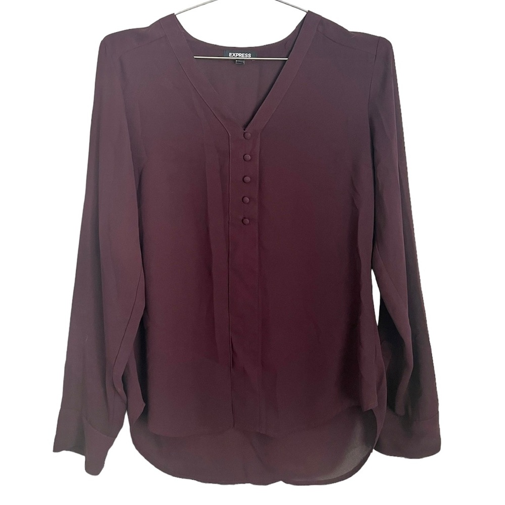 Express Semi-Sheer Dark Purple V-Neck Long Sleeve Blouse Size Small